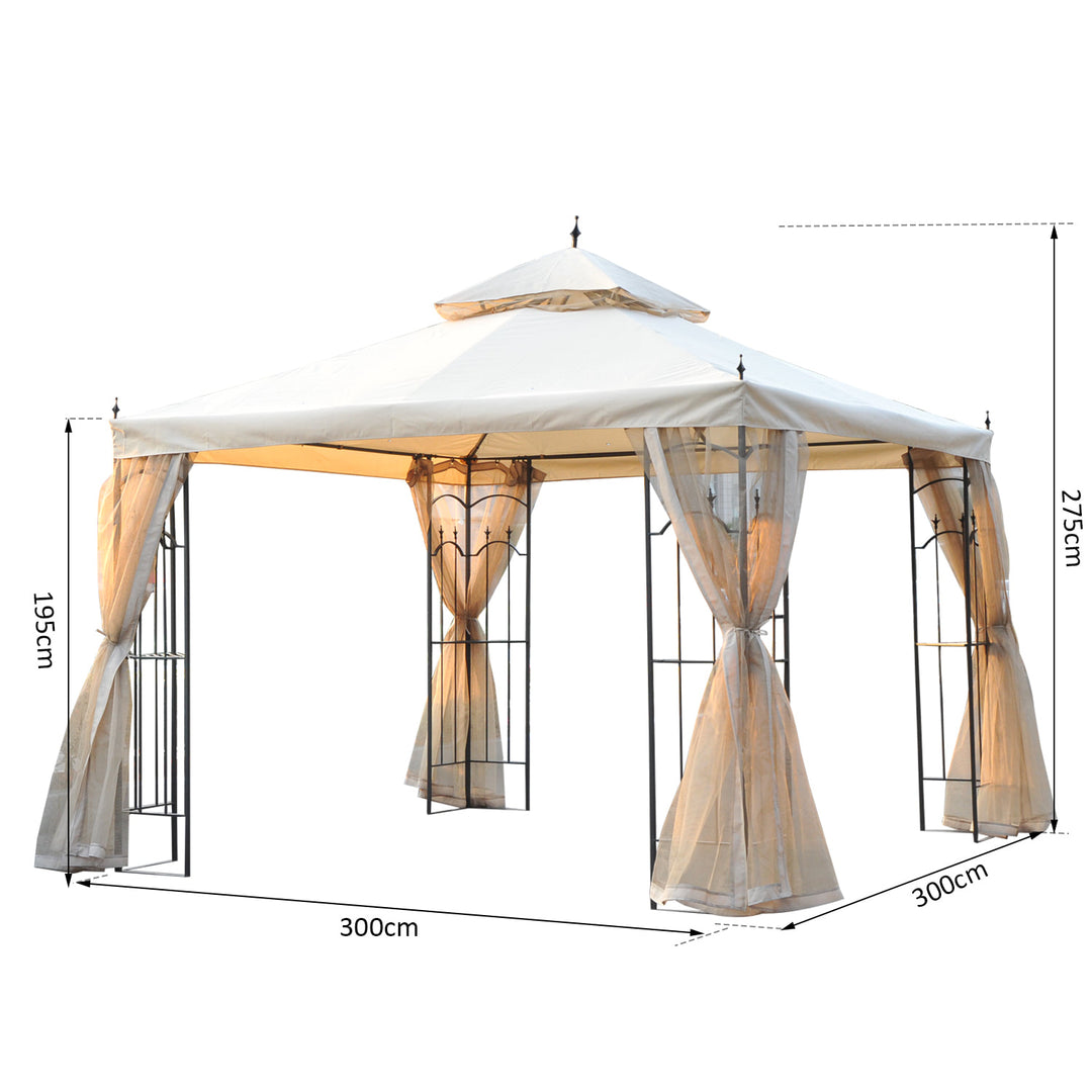 10' x 10' Steel Gazebo Canopy Garden Patio Tent Shelter w Tiered Fabric Roof, Mesh Walls, Beige