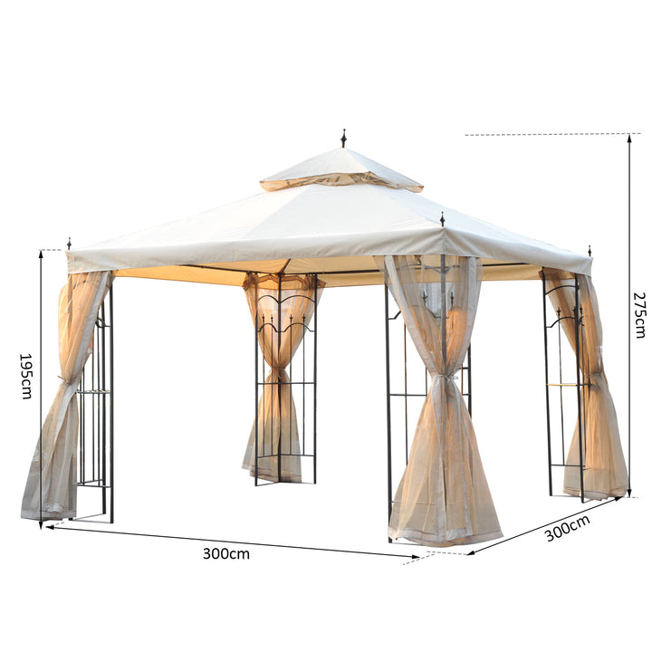 10' x 10' Steel Gazebo Canopy Garden Patio Tent Shelter w Tiered Fabric Roof, Mesh Walls, Beige