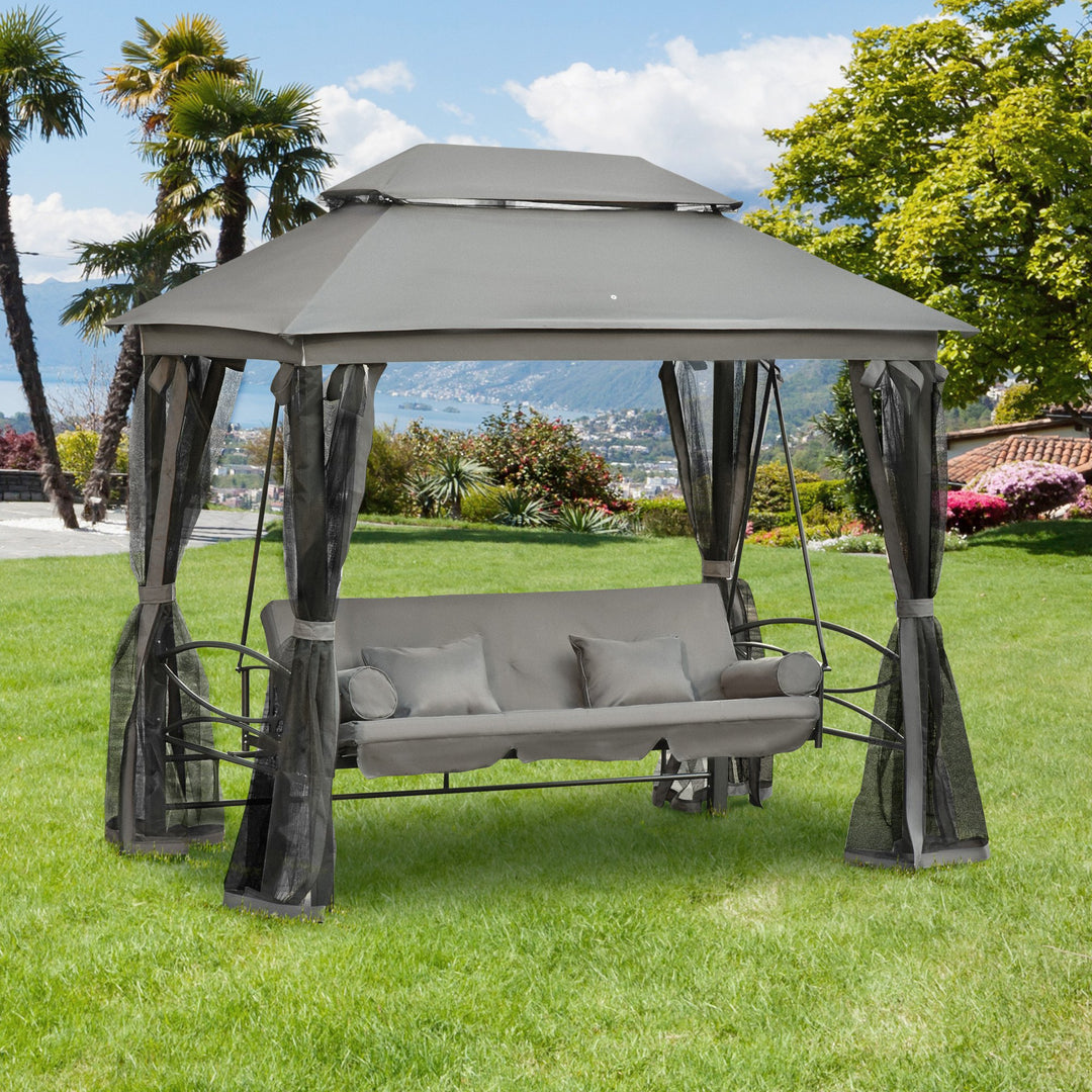 3-in-1 Outdoor Daybed Swing Gazebo w/ Bug Mesh - Grey