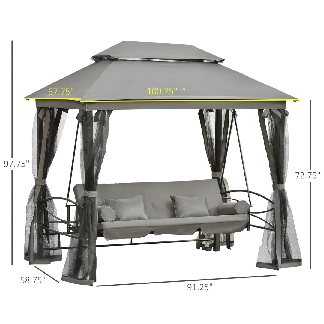 3-in-1 Outdoor Daybed Swing Gazebo w/ Bug Mesh - Grey