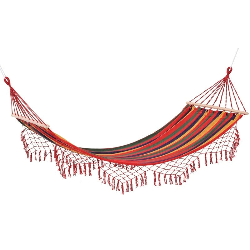 Double Flat Hammock Lounger w Tassels, Spreader Bar for Yard Garden Patio Camping, Red Rainbow