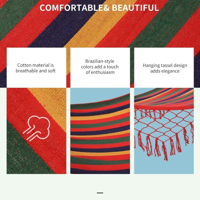 Double Flat Hammock Lounger w Tassels, Spreader Bar for Yard Garden Patio Camping, Red Rainbow