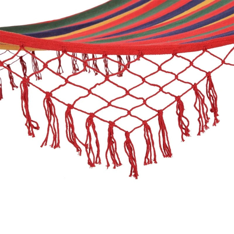 Double Flat Hammock Lounger w Tassels, Spreader Bar for Yard Garden Patio Camping, Red Rainbow