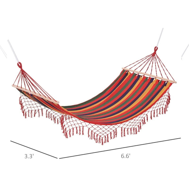 Double Flat Hammock Lounger w Tassels, Spreader Bar for Yard Garden Patio Camping, Red Rainbow