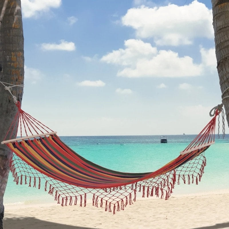 Double Flat Hammock Lounger w Tassels, Spreader Bar for Yard Garden Patio Camping, Red Rainbow