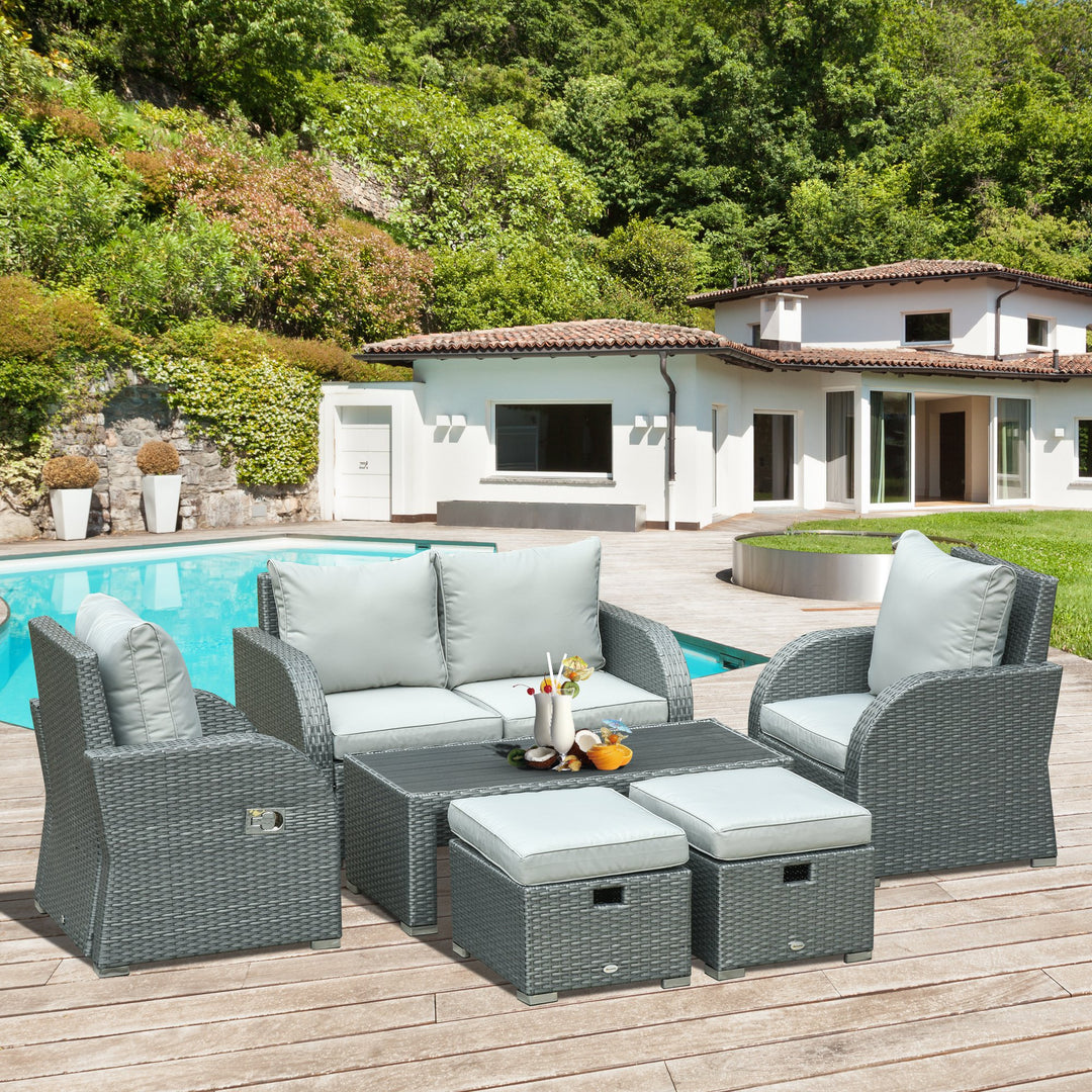 6pc PE Rattan Wicker Compact Conversation Set w/ Recliners, Footstools for Outdoor Patio - Grey