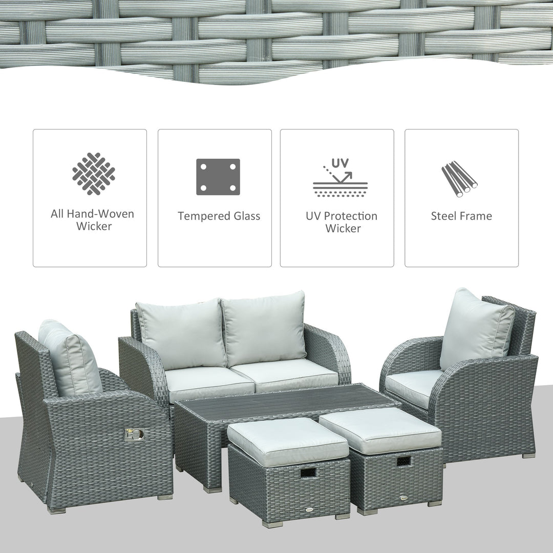 6pc PE Rattan Wicker Compact Conversation Set w/ Recliners, Footstools for Outdoor Patio - Grey