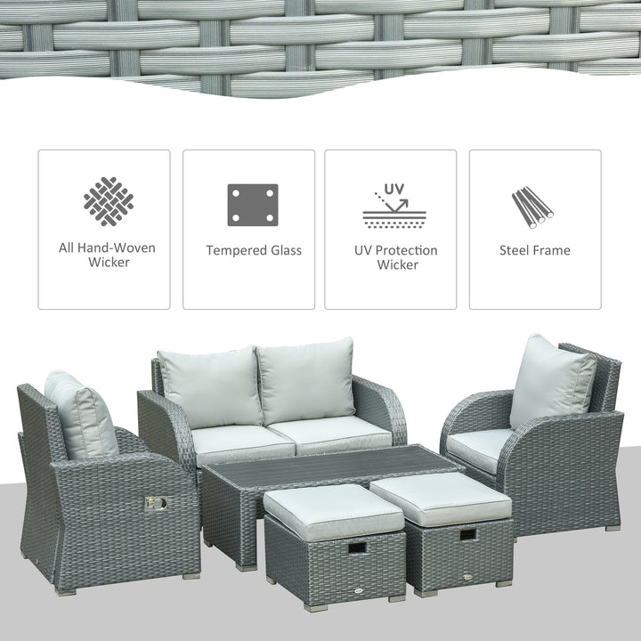 6pc PE Rattan Wicker Compact Conversation Set w/ Recliners, Footstools for Outdoor Patio - Grey