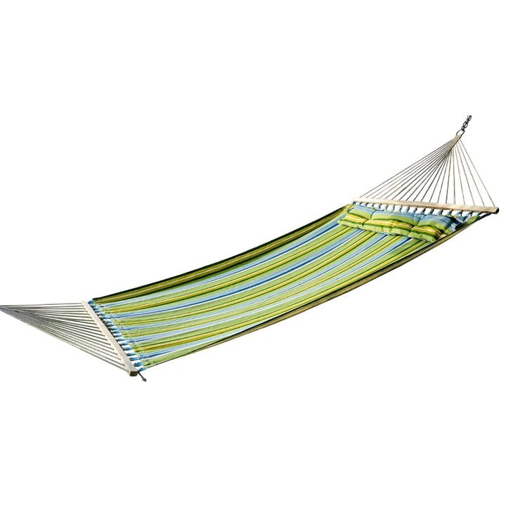 Double Flat Hammock Lounger w Spreader Bar, Pillow for Yard Garden Camping, Blue & Green Stripe