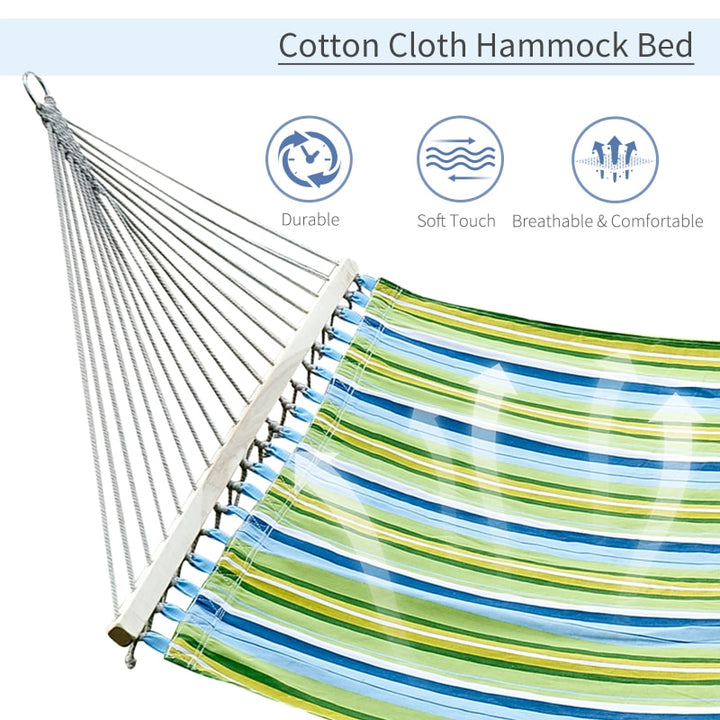 Double Flat Hammock Lounger w Spreader Bar, Pillow for Yard Garden Camping, Blue & Green Stripe