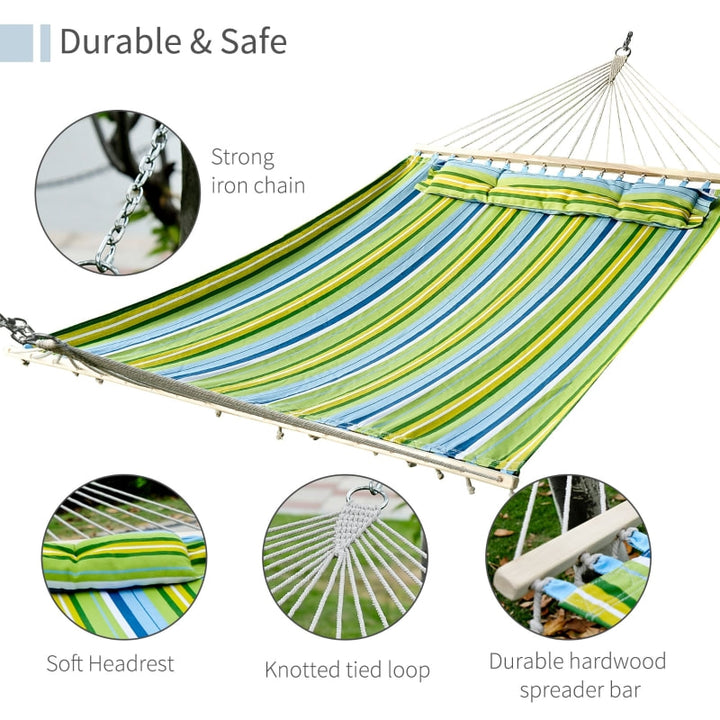 Double Flat Hammock Lounger w Spreader Bar, Pillow for Yard Garden Camping, Blue & Green Stripe