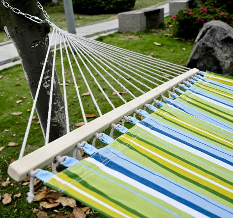 Double Flat Hammock Lounger w Spreader Bar, Pillow for Yard Garden Camping, Blue & Green Stripe