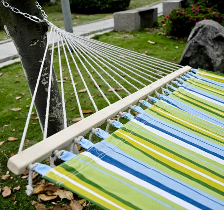Double Flat Hammock Lounger w Spreader Bar, Pillow for Yard Garden Camping, Blue & Green Stripe