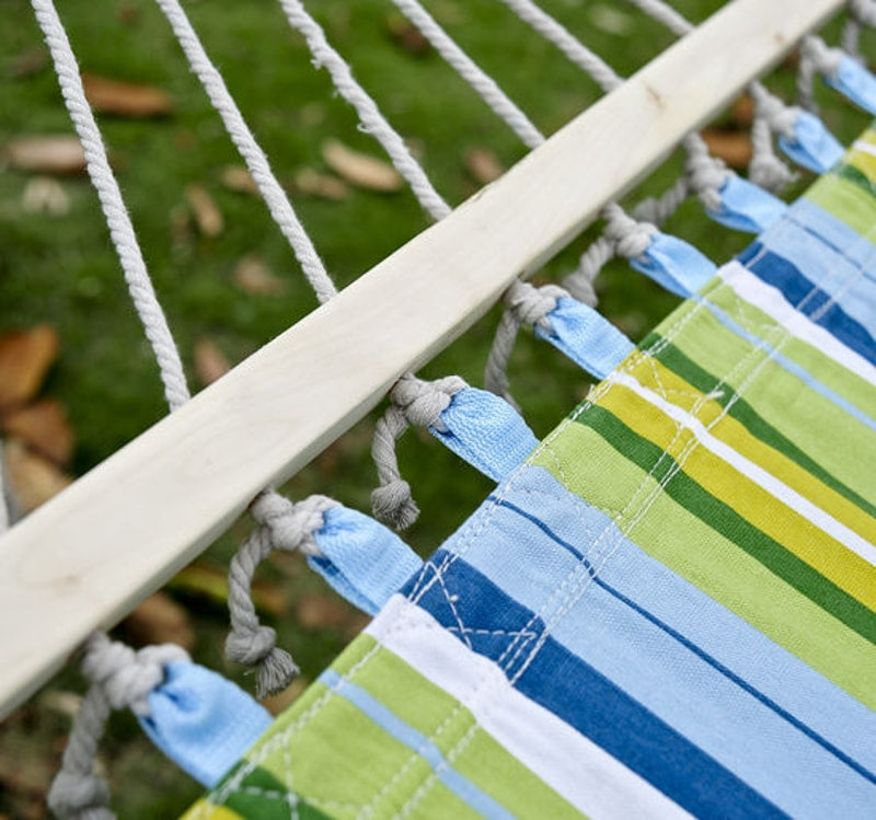Double Flat Hammock Lounger w Spreader Bar, Pillow for Yard Garden Camping, Blue & Green Stripe