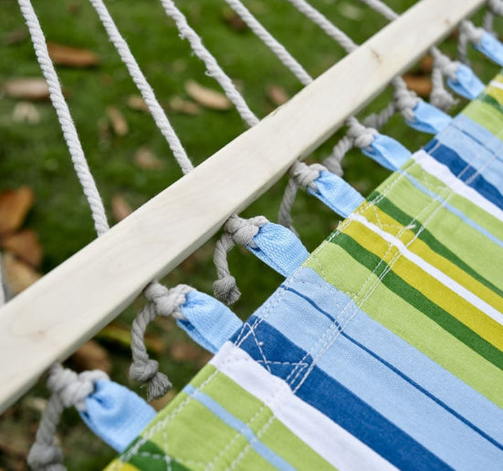 Double Flat Hammock Lounger w Spreader Bar, Pillow for Yard Garden Camping, Blue & Green Stripe