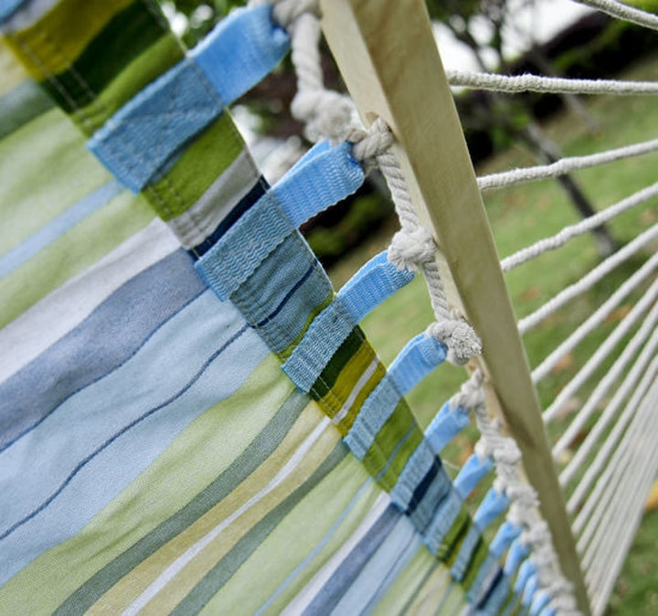Double Flat Hammock Lounger w Spreader Bar, Pillow for Yard Garden Camping, Blue & Green Stripe