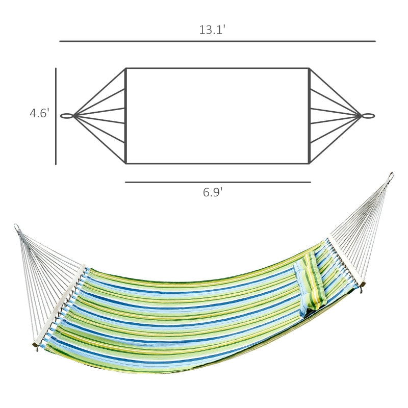 Double Flat Hammock Lounger w Spreader Bar, Pillow for Yard Garden Camping, Blue & Green Stripe