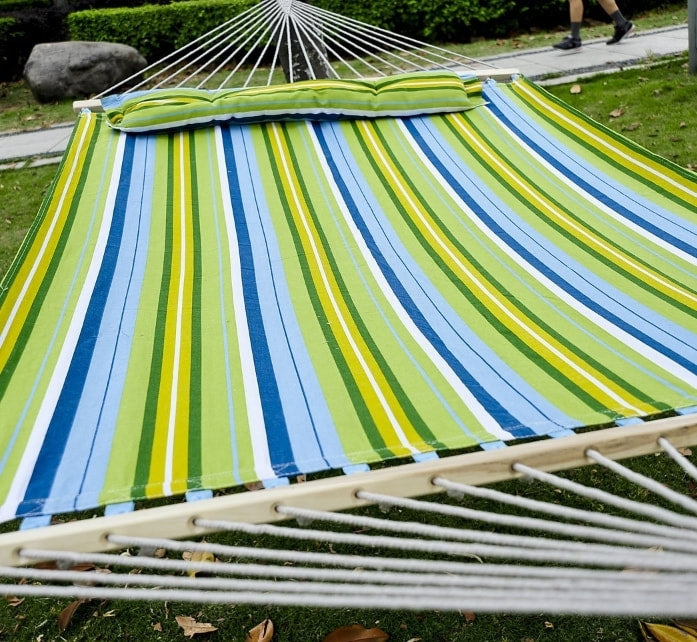 Double Flat Hammock Lounger w Spreader Bar, Pillow for Yard Garden Camping, Blue & Green Stripe