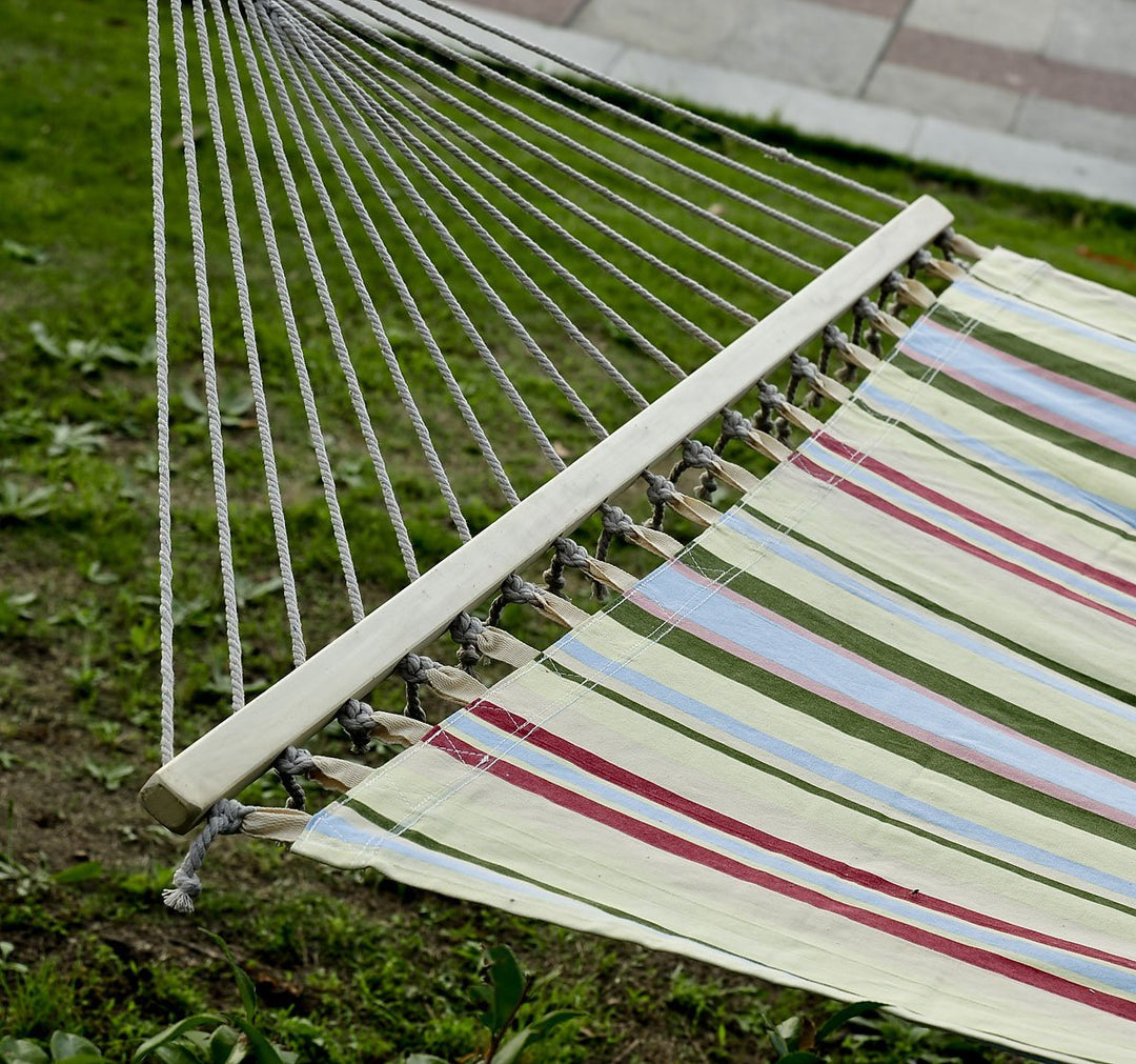 Double Flat Hammock Lounger w Spreader Bar, Pillow for Yard Garden Camping, Light Multi Colour