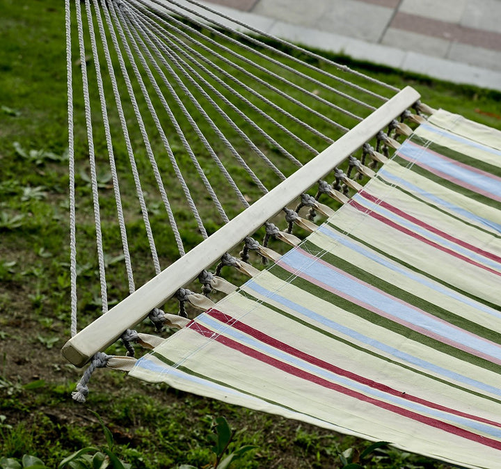 Double Flat Hammock Lounger w Spreader Bar, Pillow for Yard Garden Camping, Light Multi Colour