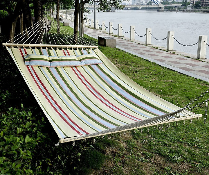 Double Flat Hammock Lounger w Spreader Bar, Pillow for Yard Garden Camping, Light Multi Colour