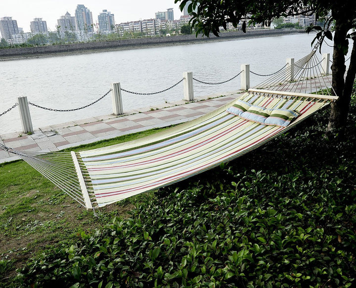 Double Flat Hammock Lounger w Spreader Bar, Pillow for Yard Garden Camping, Light Multi Colour