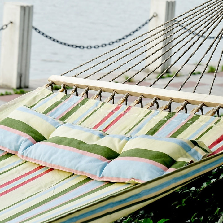 Double Flat Hammock Lounger w Spreader Bar, Pillow for Yard Garden Camping, Light Multi Colour
