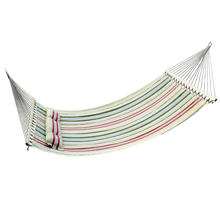 Double Flat Hammock Lounger w Spreader Bar, Pillow for Yard Garden Camping, Light Multi Colour
