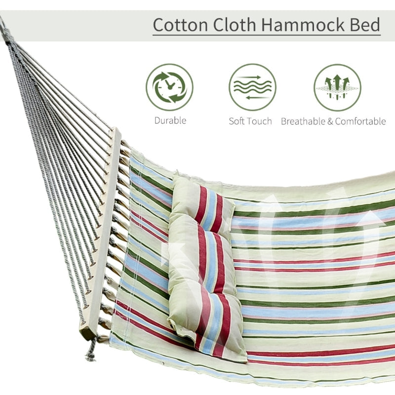 Double Flat Hammock Lounger w Spreader Bar, Pillow for Yard Garden Camping, Light Multi Colour