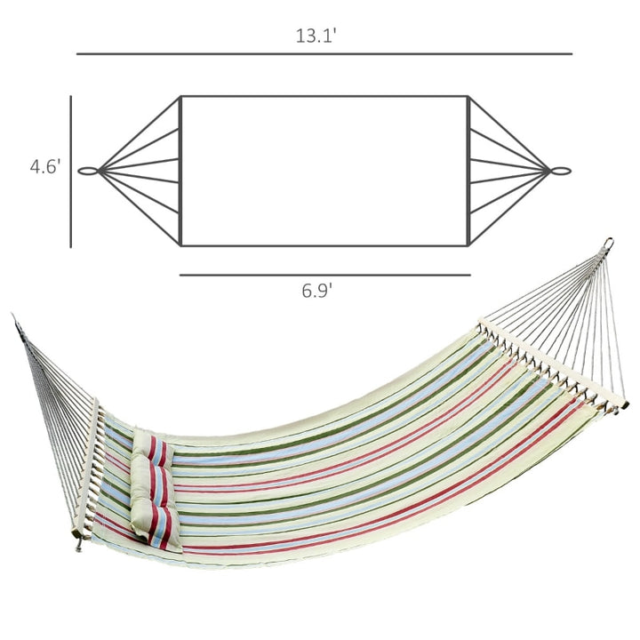 Double Flat Hammock Lounger w Spreader Bar, Pillow for Yard Garden Camping, Light Multi Colour