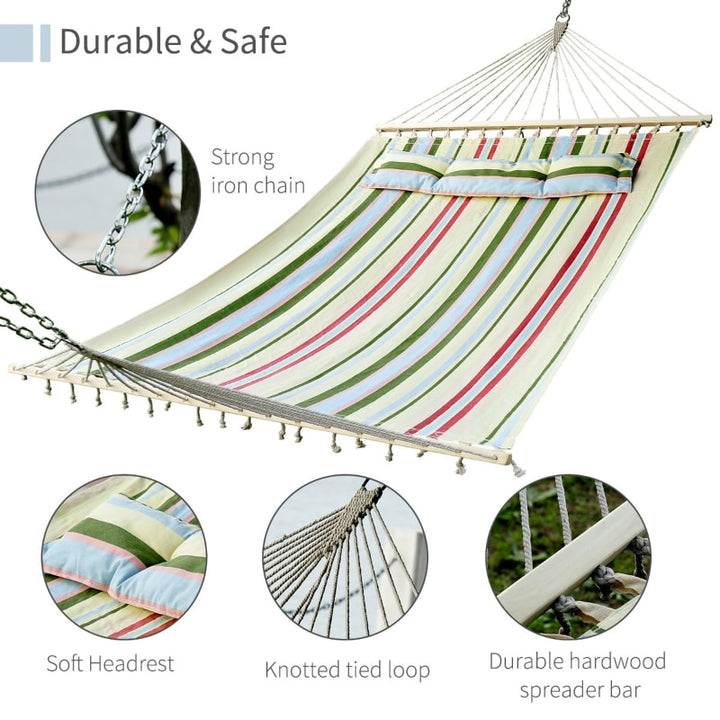 Double Flat Hammock Lounger w Spreader Bar, Pillow for Yard Garden Camping, Light Multi Colour