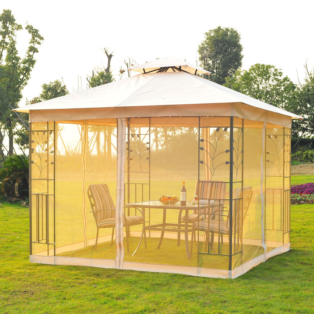 10' x 10' Steel Gazebo Canopy Shelter w Tiered Fabric Roof, Leaf Accent, Mesh Net Walls, Beige
