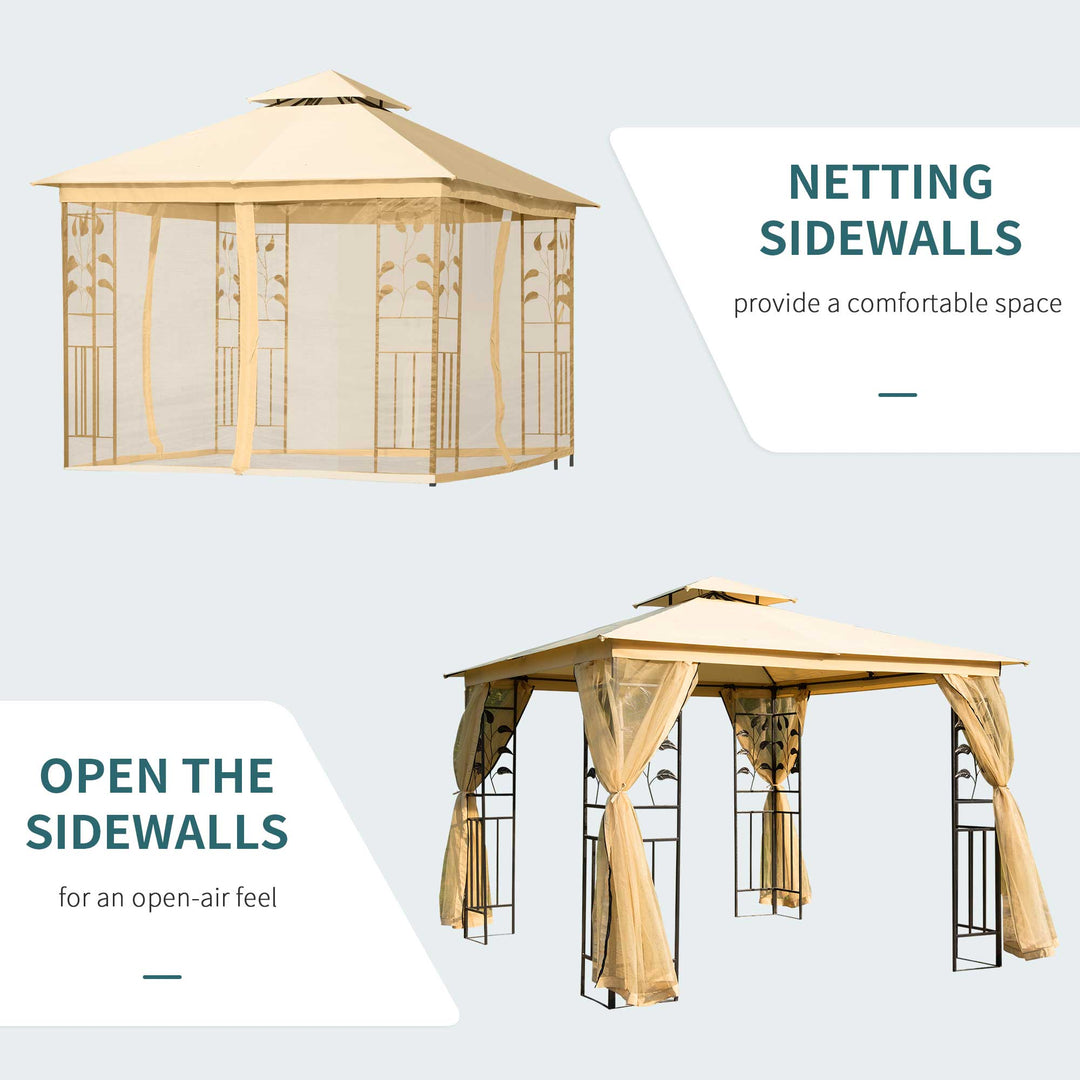 10' x 10' Steel Gazebo Canopy Shelter w Tiered Fabric Roof, Leaf Accent, Mesh Net Walls, Beige
