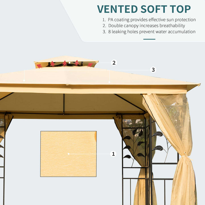 10' x 10' Steel Gazebo Canopy Shelter w Tiered Fabric Roof, Leaf Accent, Mesh Net Walls, Beige