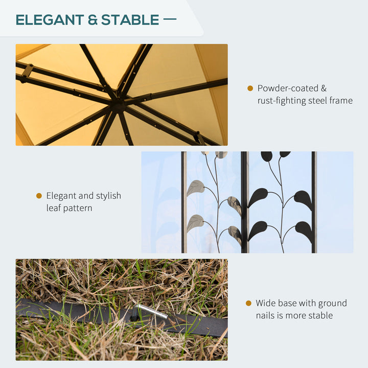 10' x 10' Steel Gazebo Canopy Shelter w Tiered Fabric Roof, Leaf Accent, Mesh Net Walls, Beige