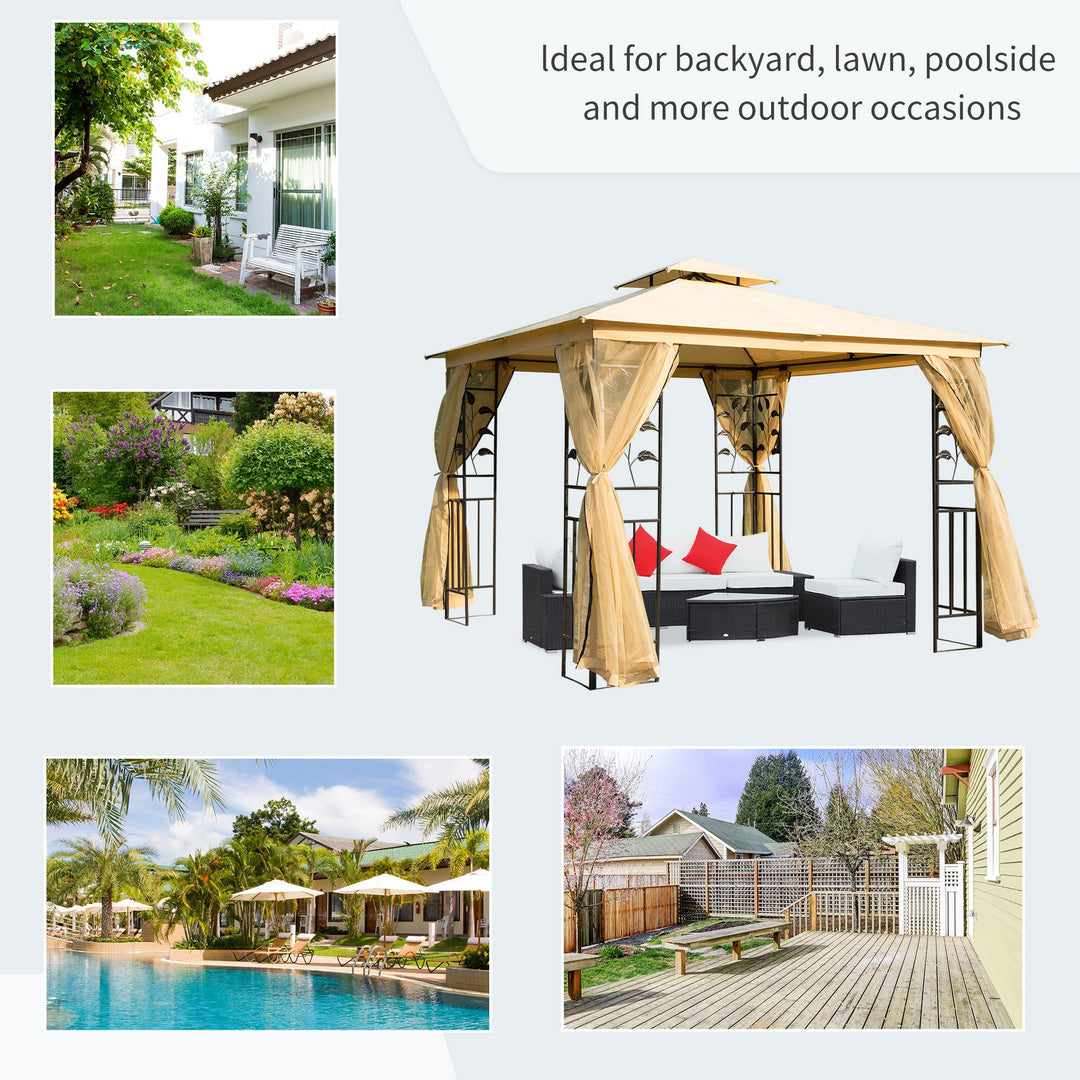 10' x 10' Steel Gazebo Canopy Shelter w Tiered Fabric Roof, Leaf Accent, Mesh Net Walls, Beige