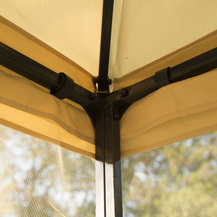 10' x 10' Steel Gazebo Canopy Shelter w Tiered Fabric Roof, Leaf Accent, Mesh Net Walls, Beige