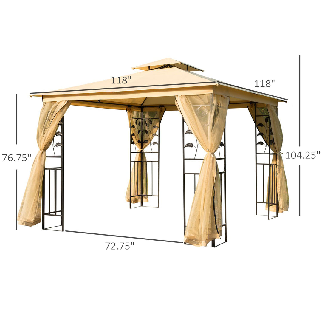 10' x 10' Steel Gazebo Canopy Shelter w Tiered Fabric Roof, Leaf Accent, Mesh Net Walls, Beige