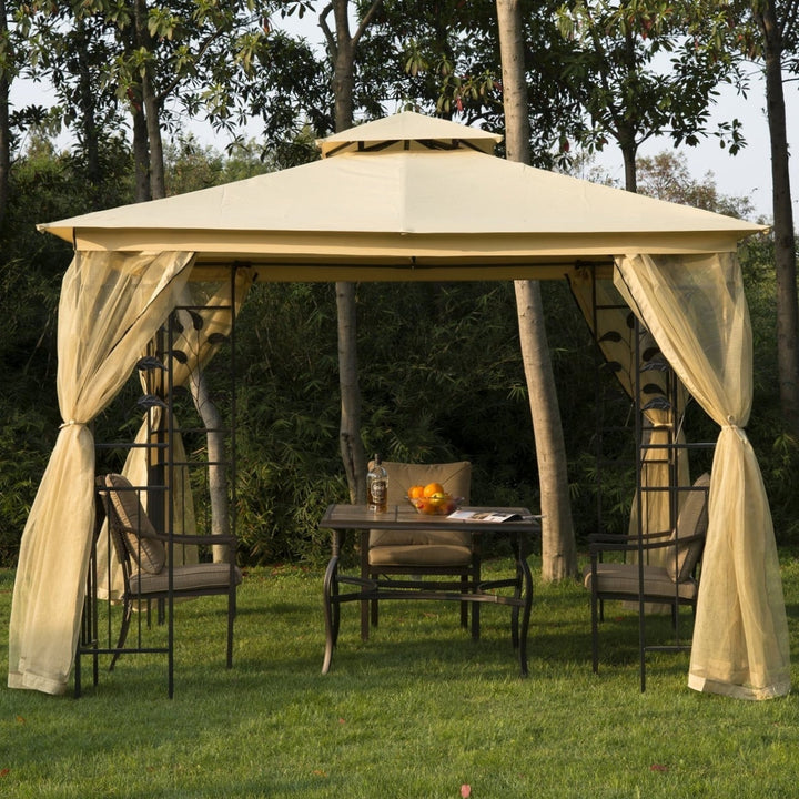10' x 10' Steel Gazebo Canopy Shelter w Tiered Fabric Roof, Leaf Accent, Mesh Net Walls, Beige