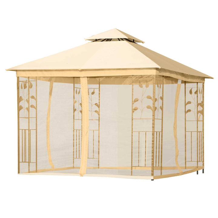 10' x 10' Steel Gazebo Canopy Shelter w Tiered Fabric Roof, Leaf Accent, Mesh Net Walls, Beige