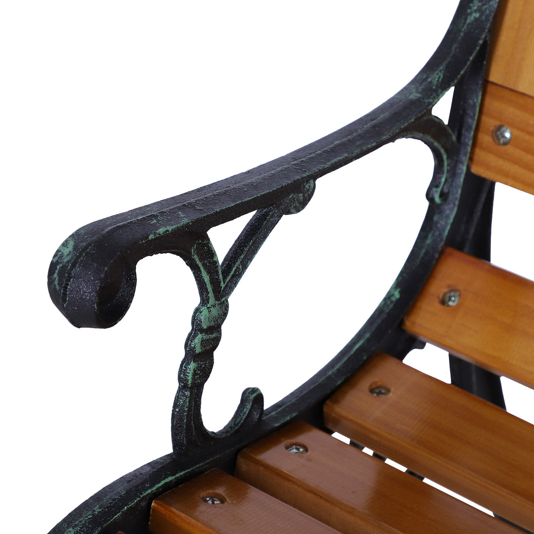 Farmhouse 2-Seater Loveseat Wooden & Cast Iron Outdoor Bench Garden Patio Deck Porch - Brown