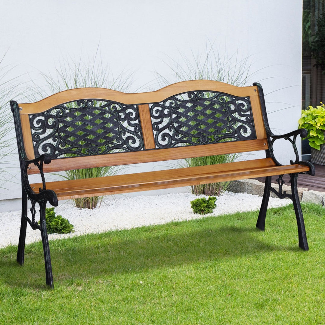 Farmhouse 2-Seater Loveseat Wooden & Cast Iron Outdoor Bench Garden Patio Deck Porch - Brown