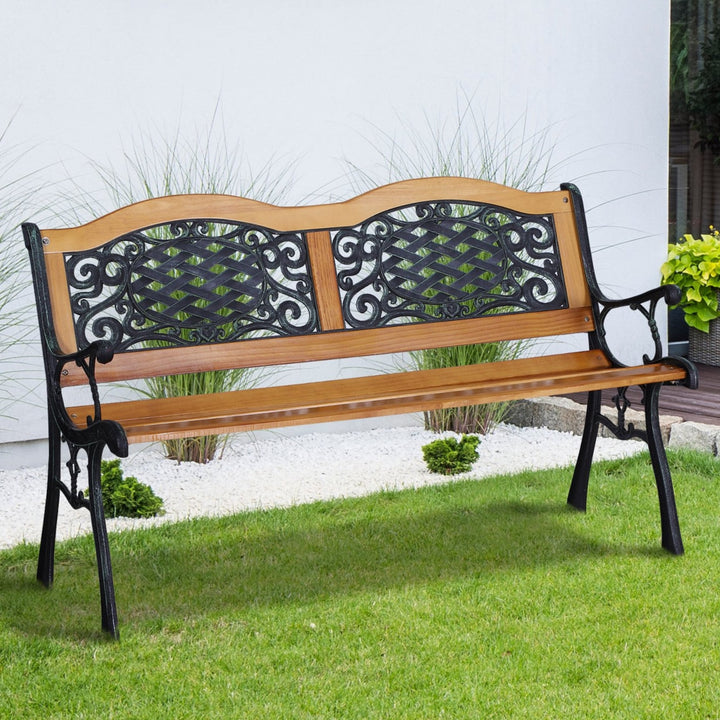 Farmhouse 2-Seater Loveseat Wooden & Cast Iron Outdoor Bench Garden Patio Deck Porch - Brown