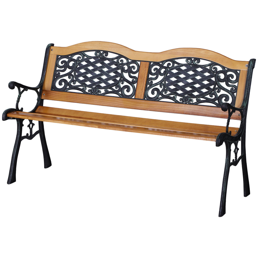 Farmhouse 2-Seater Loveseat Wooden & Cast Iron Outdoor Bench Garden Patio Deck Porch - Brown