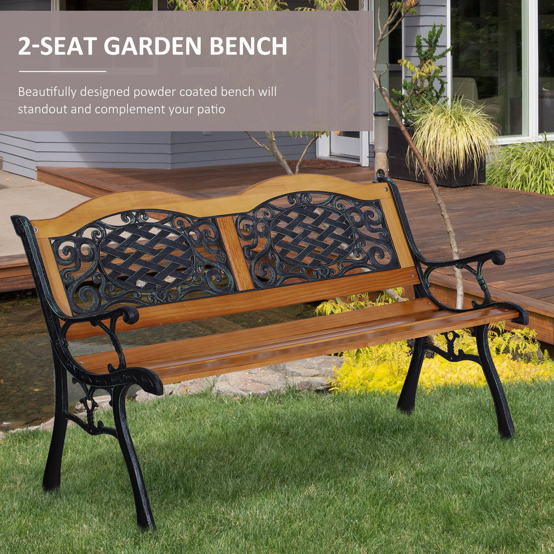 Farmhouse 2-Seater Loveseat Wooden & Cast Iron Outdoor Bench Garden Patio Deck Porch - Brown