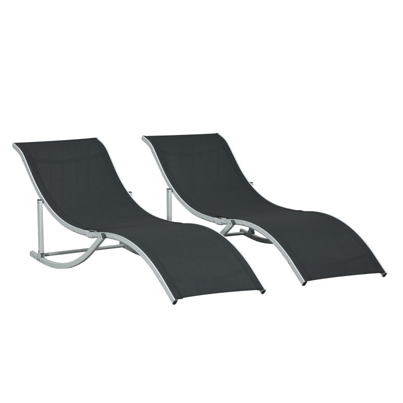 2pc S-Shaped Aluminum Foldable Sun Lounger Chair, Patio Tanning Beach Pool Deck Garden, Black