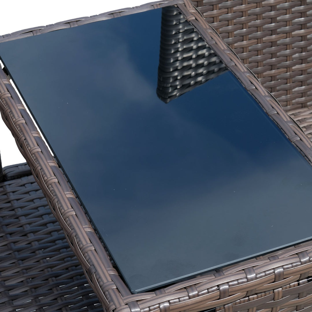 2-Seat PE Rattan Wicker Chair Bench w Glass Table, Cushions for Outdoor Patio, Brown & White