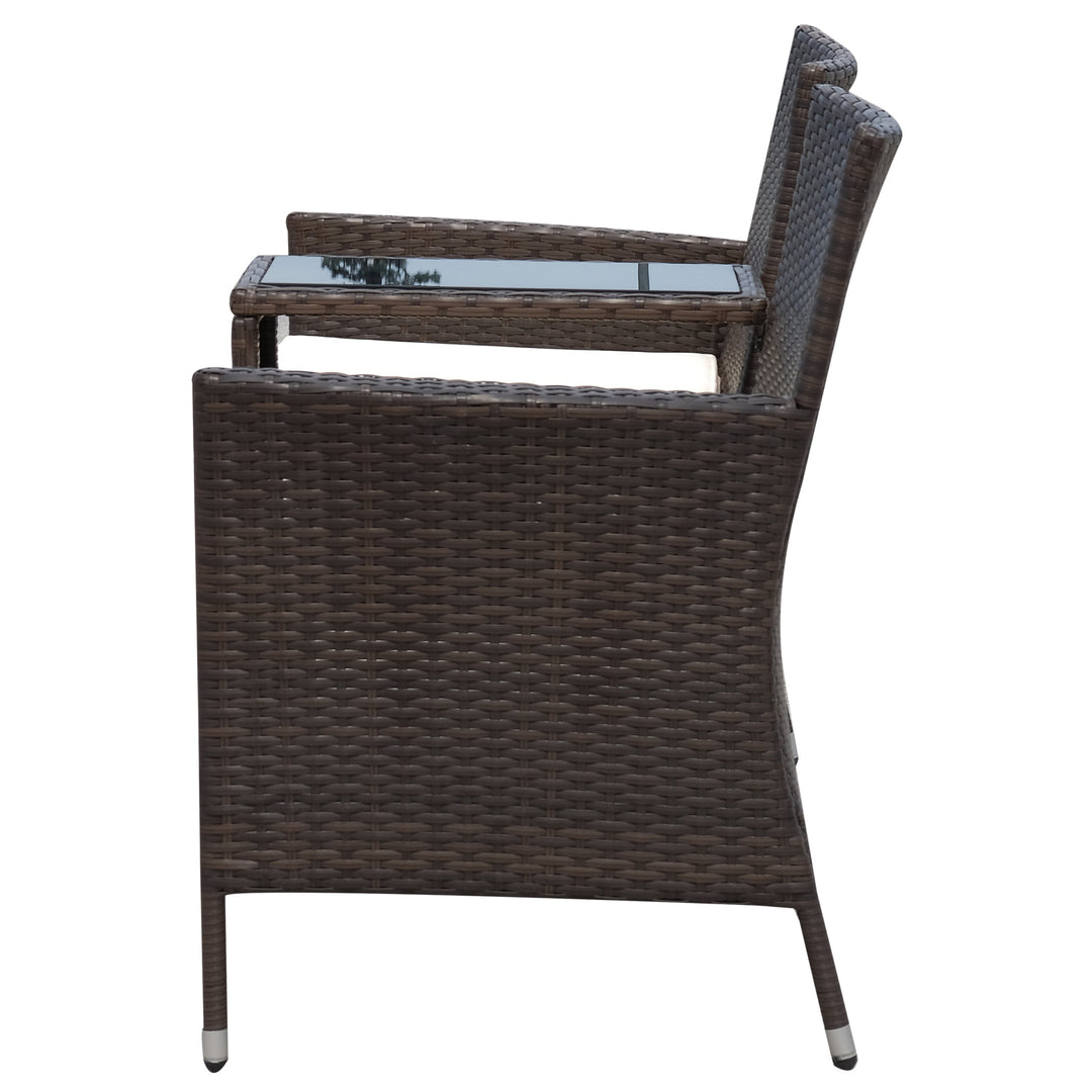 2-Seat PE Rattan Wicker Chair Bench w Glass Table, Cushions for Outdoor Patio, Brown & White
