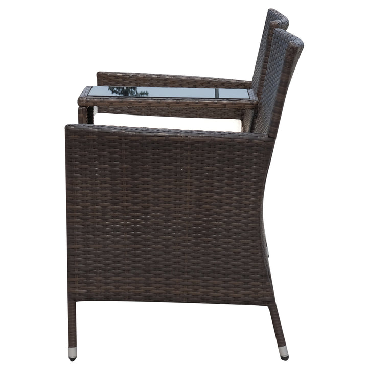 2-Seat PE Rattan Wicker Chair Bench w Glass Table, Cushions for Outdoor Patio, Brown & White