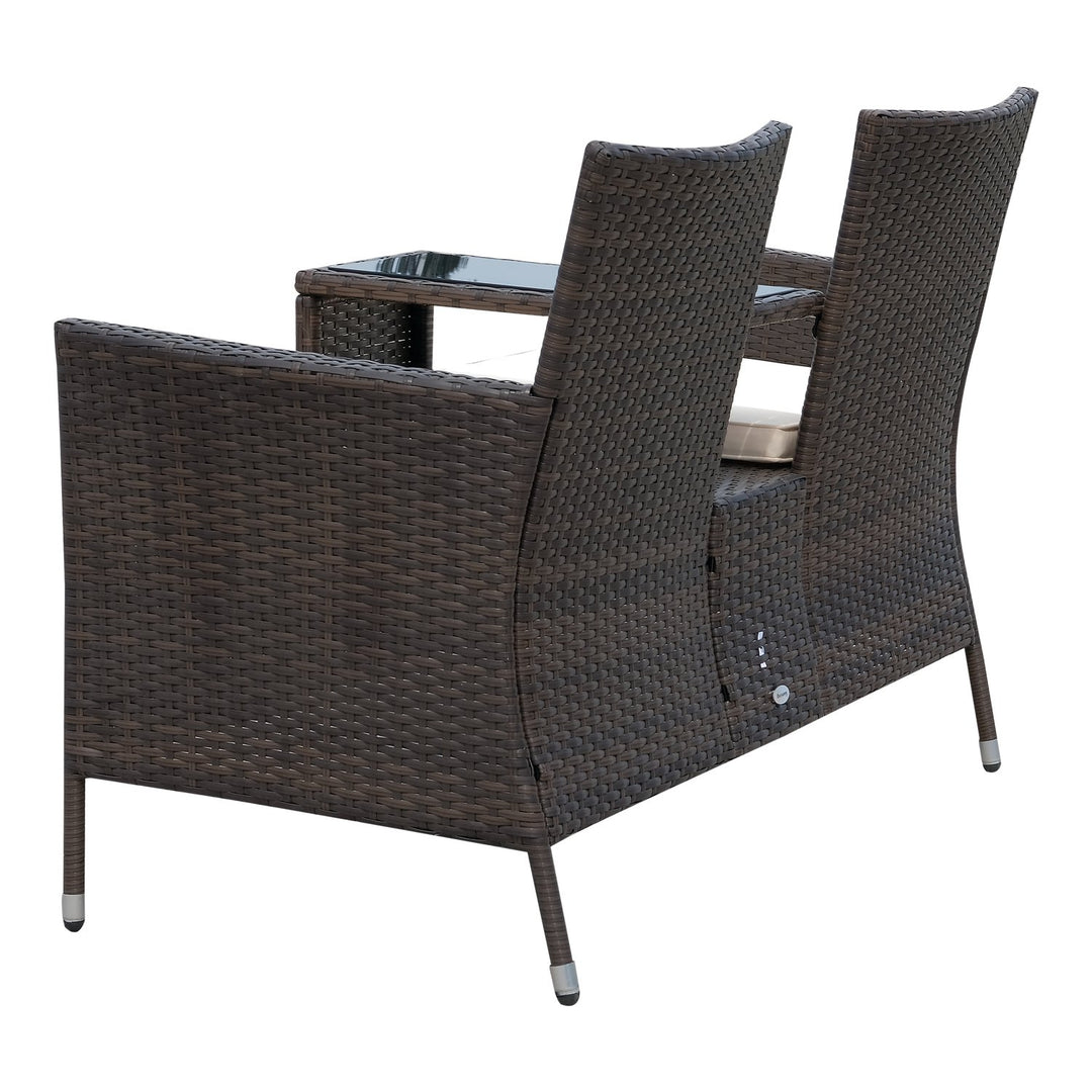 2-Seat PE Rattan Wicker Chair Bench w Glass Table, Cushions for Outdoor Patio, Brown & White